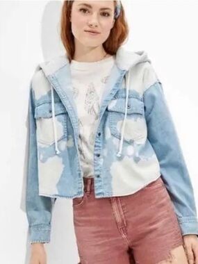 American Eagle Blue and White Hooded Denim Jacket
